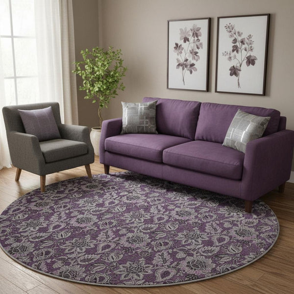 HomeRoots 8' Elegant Eggplant and Gray Floral Washable Round Rug with UV Protection for Homes & Patios 655051