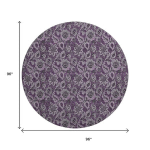 HomeRoots 8' Elegant Eggplant and Gray Floral Washable Round Rug with UV Protection for Homes & Patios 655051