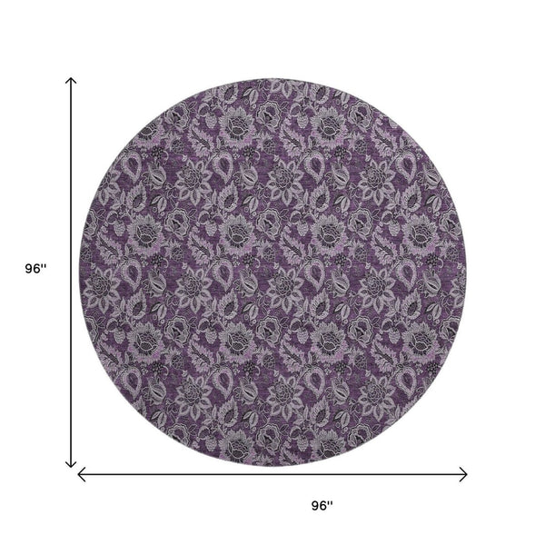 HomeRoots 8' Elegant Eggplant and Gray Floral Washable Round Rug with UV Protection for Homes & Patios 655051