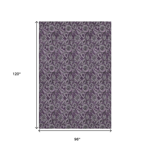 HomeRoots 8' X 10' Eggplant & Gray Floral Washable Rug with UV Protection – Perfect for Family Spaces & Style! 655052