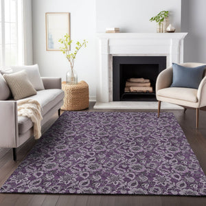 HomeRoots 8' X 10' Eggplant & Gray Floral Washable Rug with UV Protection – Perfect for Family Spaces & Style! 655052