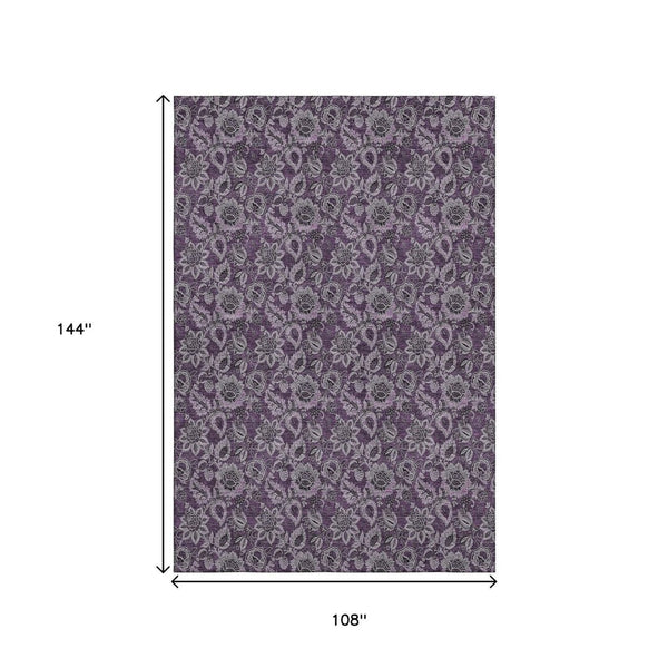 HomeRoots 9' X 12' Elegant Eggplant & Gray Floral Washable Area Rug with UV Protection for Busy Homes 655053