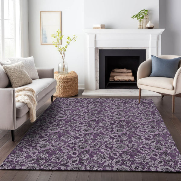 HomeRoots 9' X 12' Elegant Eggplant & Gray Floral Washable Area Rug with UV Protection for Busy Homes 655053
