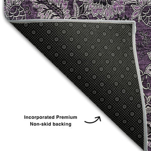 HomeRoots 9' X 12' Elegant Eggplant & Gray Floral Washable Area Rug with UV Protection for Busy Homes 655053