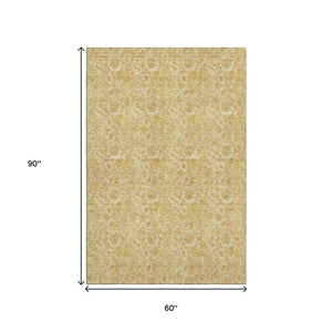 HomeRoots 5' X 8' Gold And Wheat Floral Area Rug – Stylish, Washable, UV-Protected for Homes with Kids & Pets 655056