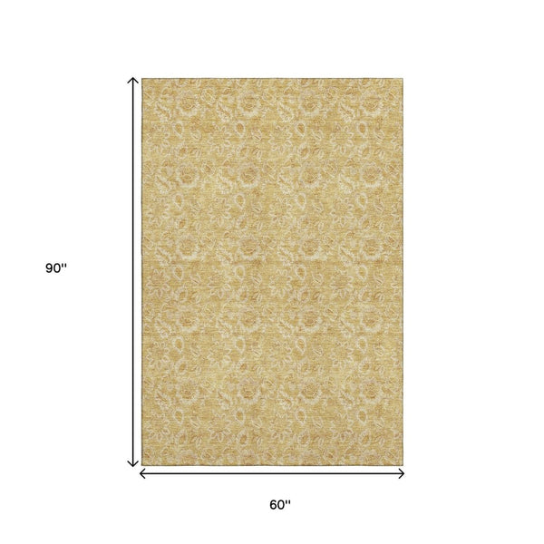 HomeRoots 5' X 8' Gold And Wheat Floral Area Rug – Stylish, Washable, UV-Protected for Homes with Kids & Pets 655056