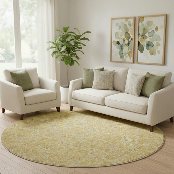 HomeRoots 8' Gold and Wheat Floral Washable Round Rug with UV Protection - Durable, Elegant, Easy Care Design! 655057
