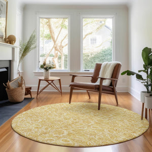 HomeRoots 8' Gold and Wheat Floral Washable Round Rug with UV Protection - Durable, Elegant, Easy Care Design! 655057