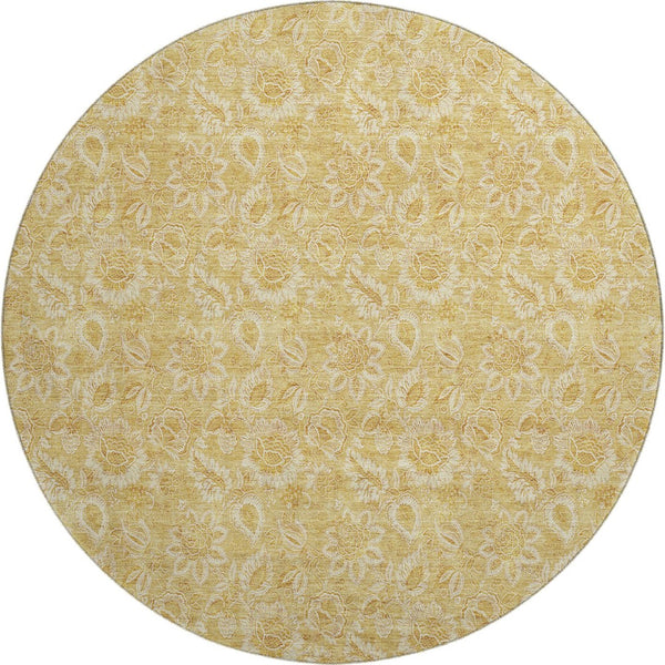 HomeRoots 8' Gold and Wheat Floral Washable Round Rug with UV Protection - Durable, Elegant, Easy Care Design! 655057