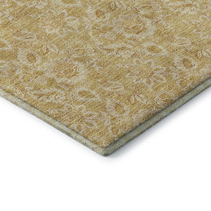 HomeRoots 8' Gold and Wheat Floral Washable Round Rug with UV Protection - Durable, Elegant, Easy Care Design! 655057