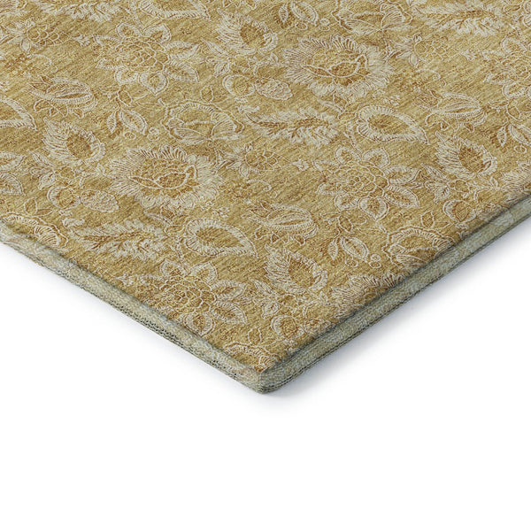 HomeRoots 8' Gold and Wheat Floral Washable Round Rug with UV Protection - Durable, Elegant, Easy Care Design! 655057