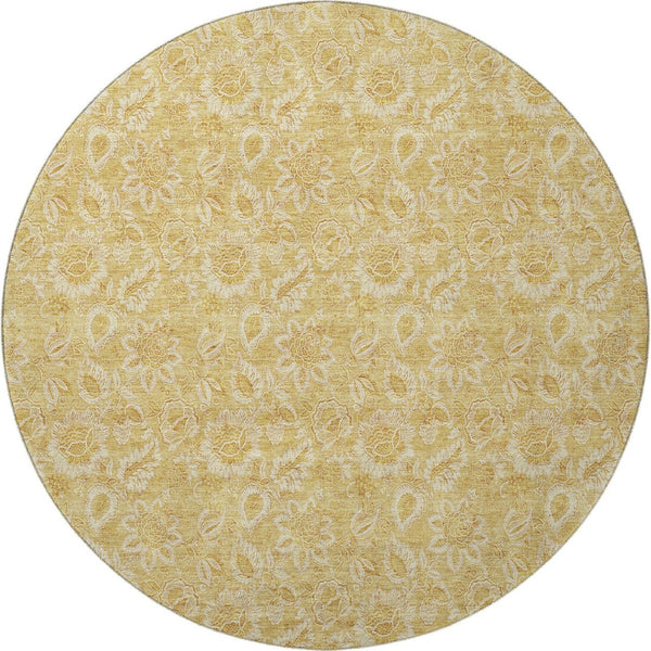 HomeRoots 8' Gold and Wheat Floral Washable Round Rug with UV Protection - Durable, Elegant, Easy Care Design! 655057