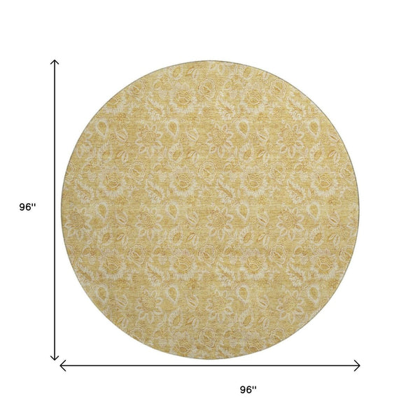 HomeRoots 8' Gold and Wheat Floral Washable Round Rug with UV Protection - Durable, Elegant, Easy Care Design! 655057