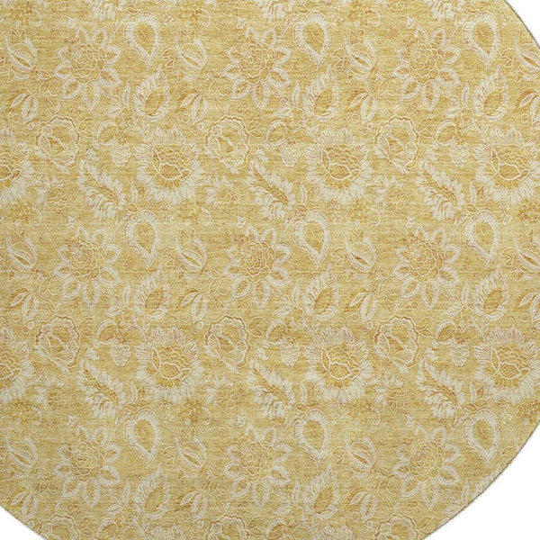HomeRoots 8' Gold and Wheat Floral Washable Round Rug with UV Protection - Durable, Elegant, Easy Care Design! 655057