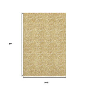 HomeRoots 9' X 12' Gold & Wheat Floral Area Rug - Washable, UV Protected, Soft Polyester for Family Living 655059