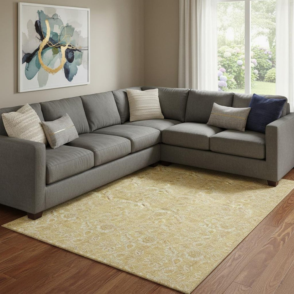 HomeRoots 9' X 12' Gold & Wheat Floral Area Rug - Washable, UV Protected, Soft Polyester for Family Living 655059