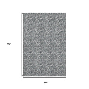 HomeRoots 5' X 8' Gray and Silver Floral Area Rug - Washable, UV Protected, Stain Resistant for Family Spaces 655062