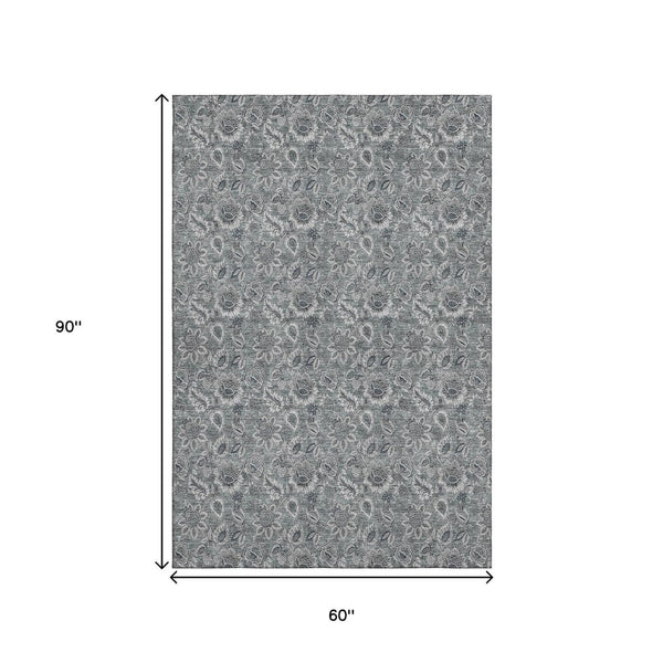 HomeRoots 5' X 8' Gray and Silver Floral Area Rug - Washable, UV Protected, Stain Resistant for Family Spaces 655062