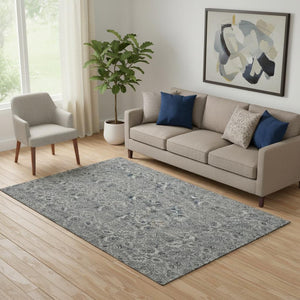 HomeRoots 5' X 8' Gray and Silver Floral Area Rug - Washable, UV Protected, Stain Resistant for Family Spaces 655062