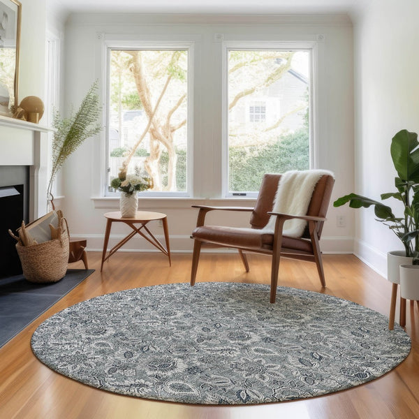 HomeRoots 8' Gray And Silver Floral Washable Round Rug - Durable, UV-Protected, Perfect for Busy Homes! 655063
