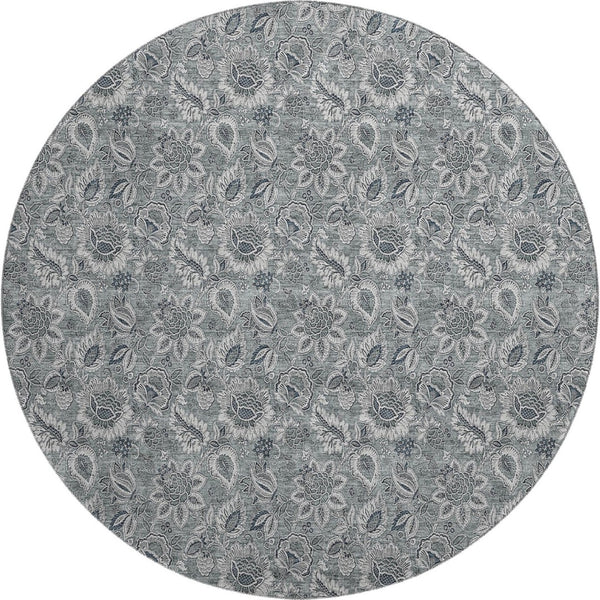 HomeRoots 8' Gray And Silver Floral Washable Round Rug - Durable, UV-Protected, Perfect for Busy Homes! 655063