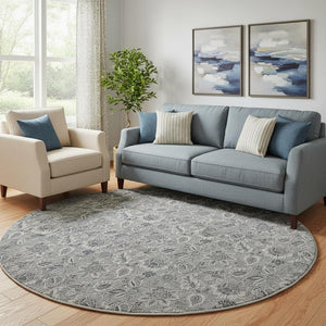 HomeRoots 8' Gray And Silver Floral Washable Round Rug - Durable, UV-Protected, Perfect for Busy Homes! 655063
