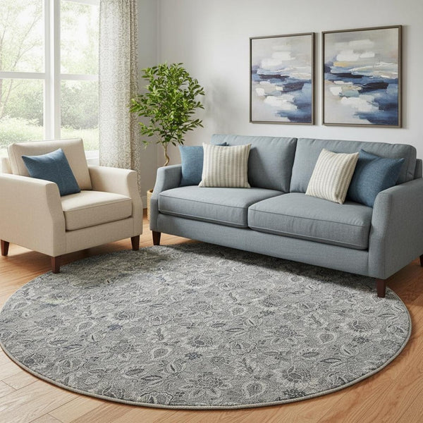 HomeRoots 8' Gray And Silver Floral Washable Round Rug - Durable, UV-Protected, Perfect for Busy Homes! 655063