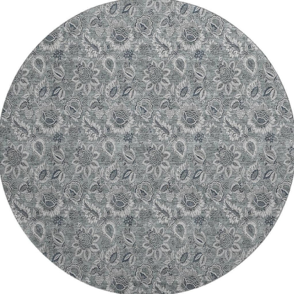 HomeRoots 8' Gray And Silver Floral Washable Round Rug - Durable, UV-Protected, Perfect for Busy Homes! 655063