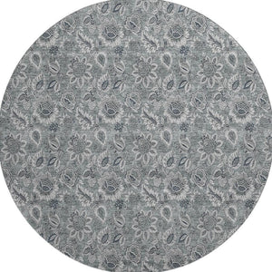 HomeRoots 8' Gray And Silver Floral Washable Round Rug - Durable, UV-Protected, Perfect for Busy Homes! 655063
