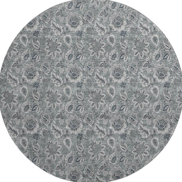 HomeRoots 8' Gray And Silver Floral Washable Round Rug - Durable, UV-Protected, Perfect for Busy Homes! 655063