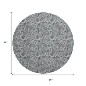 HomeRoots 8' Gray And Silver Floral Washable Round Rug - Durable, UV-Protected, Perfect for Busy Homes! 655063