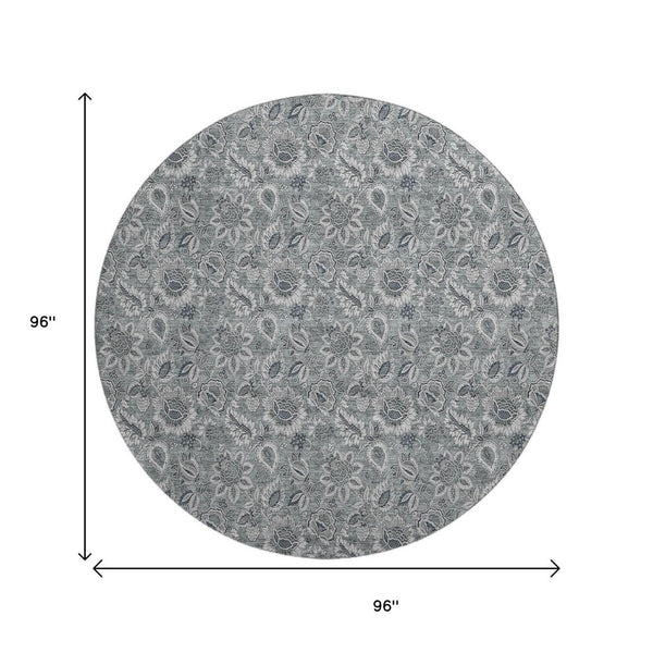 HomeRoots 8' Gray And Silver Floral Washable Round Rug - Durable, UV-Protected, Perfect for Busy Homes! 655063