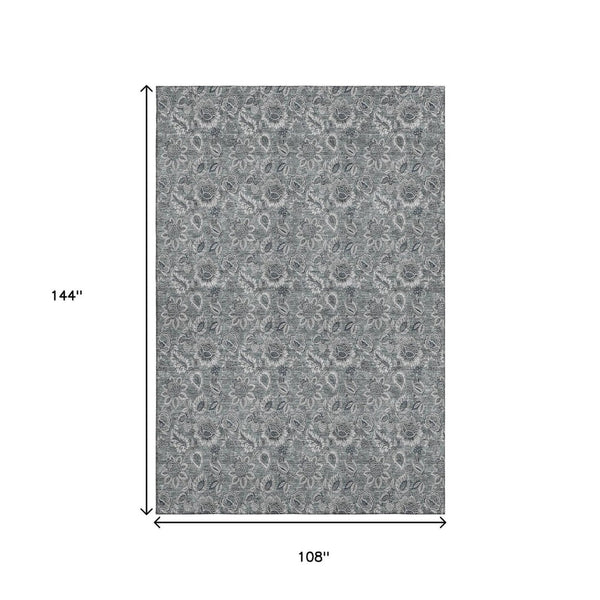 HomeRoots 9' X 12' Gray & Silver Floral Area Rug - Washable, UV-Protected, Ideal for High-Traffic Homes 655065