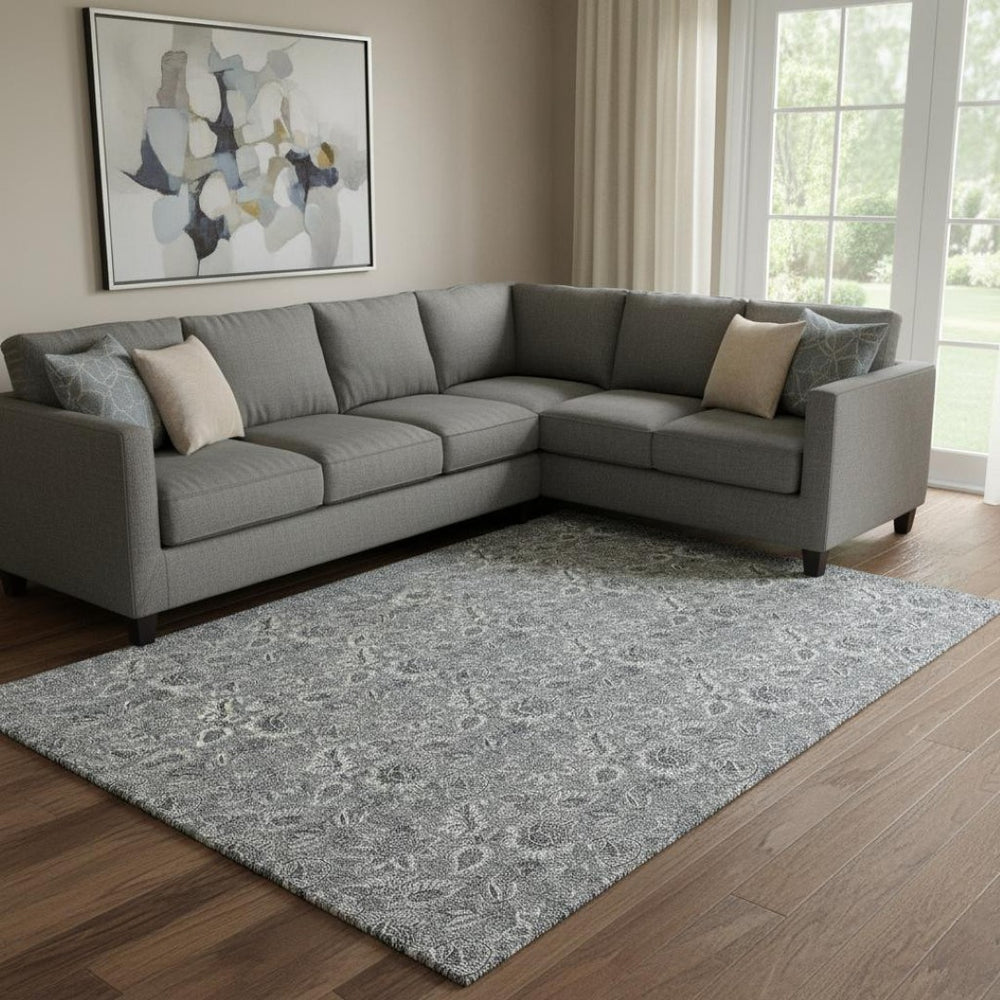 HomeRoots 9' X 12' Gray & Silver Floral Area Rug - Washable, UV-Protected, Ideal for High-Traffic Homes 655065