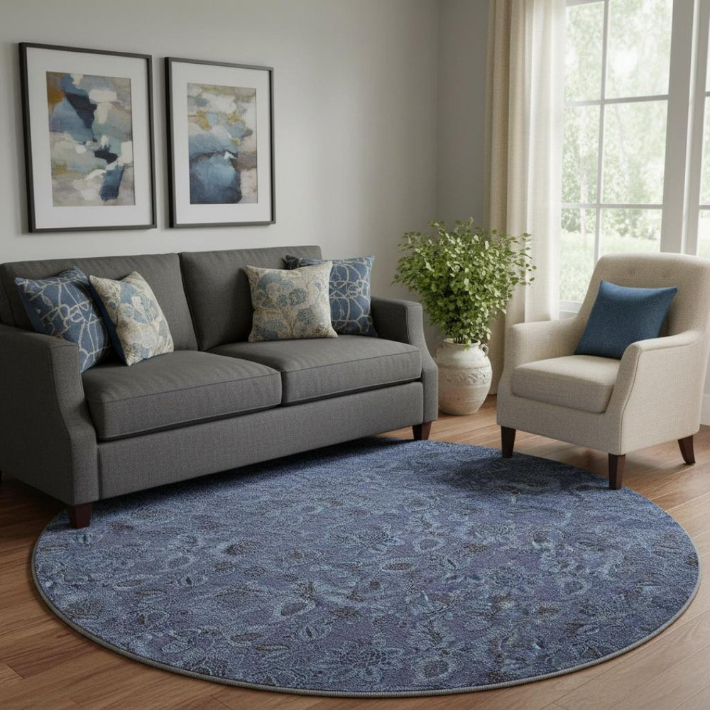 HomeRoots 8' Navy Blue & Charcoal Floral Washable Round Rug – UV Protected, Stain Resistant, Stylish & Durable 655069