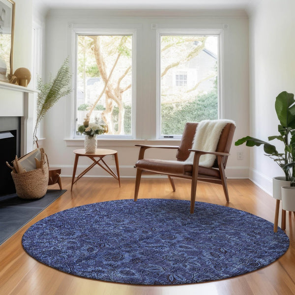 HomeRoots 8' Navy Blue & Charcoal Floral Washable Round Rug – UV Protected, Stain Resistant, Stylish & Durable 655069