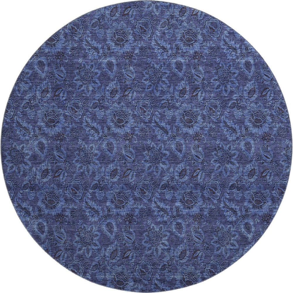 HomeRoots 8' Navy Blue & Charcoal Floral Washable Round Rug – UV Protected, Stain Resistant, Stylish & Durable 655069