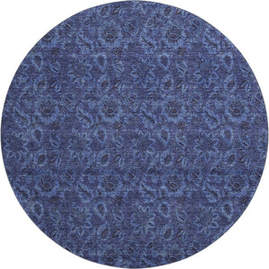HomeRoots 8' Navy Blue & Charcoal Floral Washable Round Rug – UV Protected, Stain Resistant, Stylish & Durable 655069