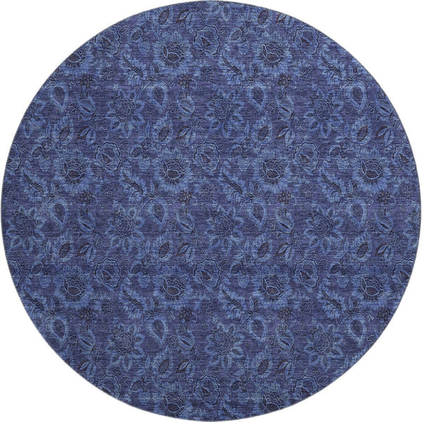 HomeRoots 8' Navy Blue & Charcoal Floral Washable Round Rug – UV Protected, Stain Resistant, Stylish & Durable 655069