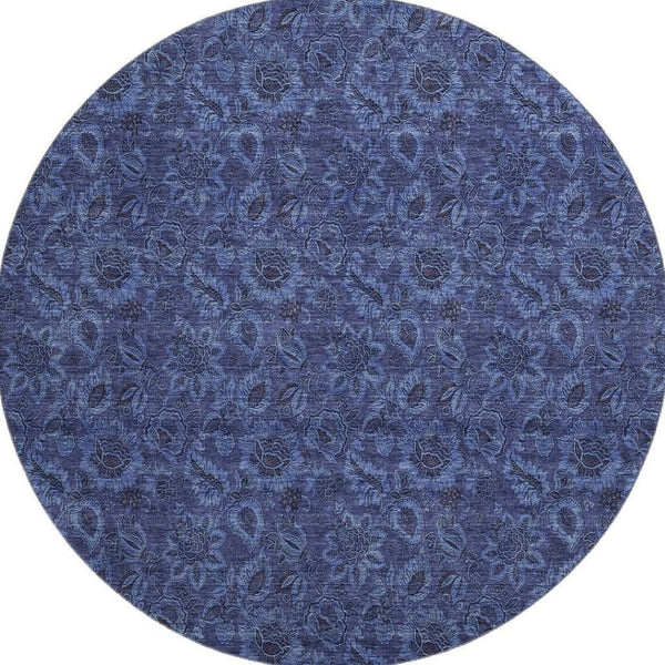 HomeRoots 8' Navy Blue & Charcoal Floral Washable Round Rug – UV Protected, Stain Resistant, Stylish & Durable 655069