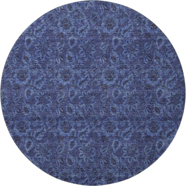 HomeRoots 8' Navy Blue & Charcoal Floral Washable Round Rug – UV Protected, Stain Resistant, Stylish & Durable 655069