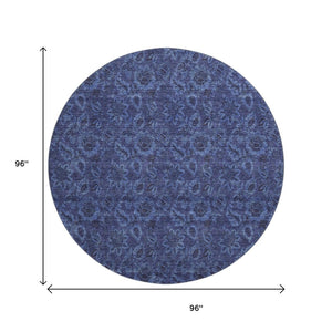 HomeRoots 8' Navy Blue & Charcoal Floral Washable Round Rug – UV Protected, Stain Resistant, Stylish & Durable 655069