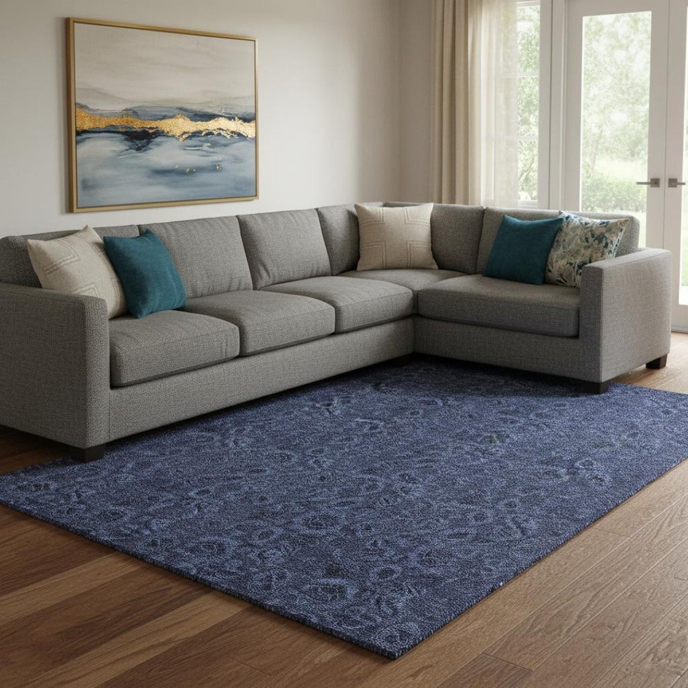 HomeRoots 8' X 10' Navy Blue & Charcoal Floral Area Rug – Durable, Washable, UV-Protected for Modern Living Spaces 655070