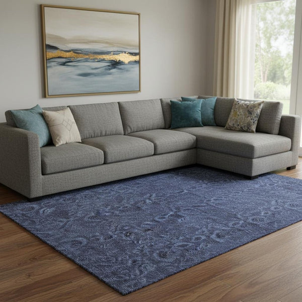 HomeRoots 9' X 12' Navy Blue and Charcoal Floral Area Rug - Washable, UV-Protected, Stain Resistant Design! 655071
