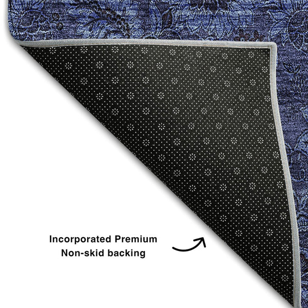 HomeRoots 10' X 14' Navy Blue & Charcoal Floral Area Rug - Washable, UV-Protected, Durable for High-Traffic Homes 655072
