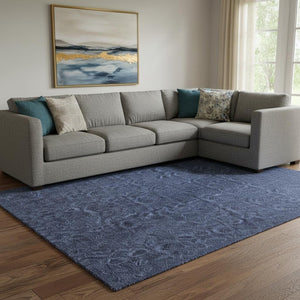 HomeRoots 10' X 14' Navy Blue & Charcoal Floral Area Rug - Washable, UV-Protected, Durable for High-Traffic Homes 655072