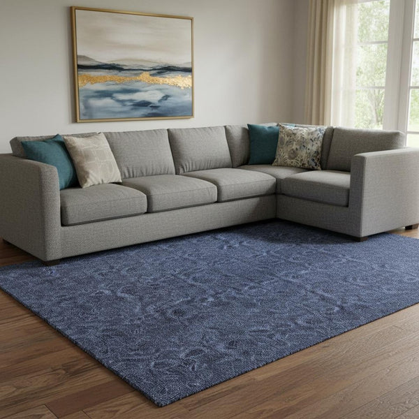 HomeRoots 10' X 14' Navy Blue & Charcoal Floral Area Rug - Washable, UV-Protected, Durable for High-Traffic Homes 655072