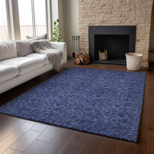 HomeRoots 10' X 14' Navy Blue & Charcoal Floral Area Rug - Washable, UV-Protected, Durable for High-Traffic Homes 655072