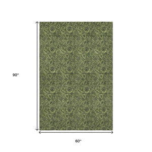 HomeRoots 5' X 8' Olive Green & Charcoal Floral Washable Area Rug - UV Protected, Durable, Stylish for Homes 655074