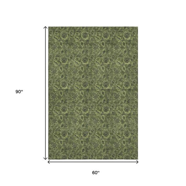 HomeRoots 5' X 8' Olive Green & Charcoal Floral Washable Area Rug - UV Protected, Durable, Stylish for Homes 655074